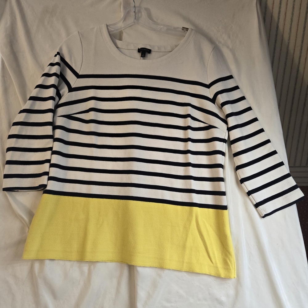 Talbots Shirt Womens Large Blue White Yellow Striped Boatneck‎ 3/4 Sleeve